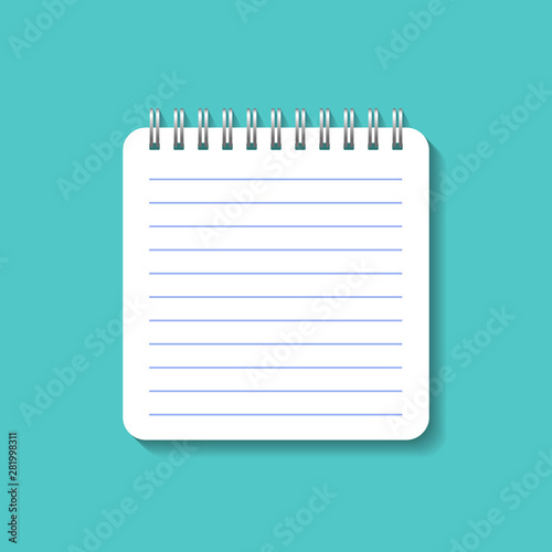 Spiral paper notebook in mockup style. Vector notepad for school.White diary notebook on blue background. vector illustration
