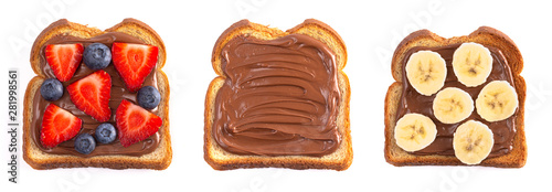 Toast with Chocolate Hazelnut Spread and Berries on a White Background