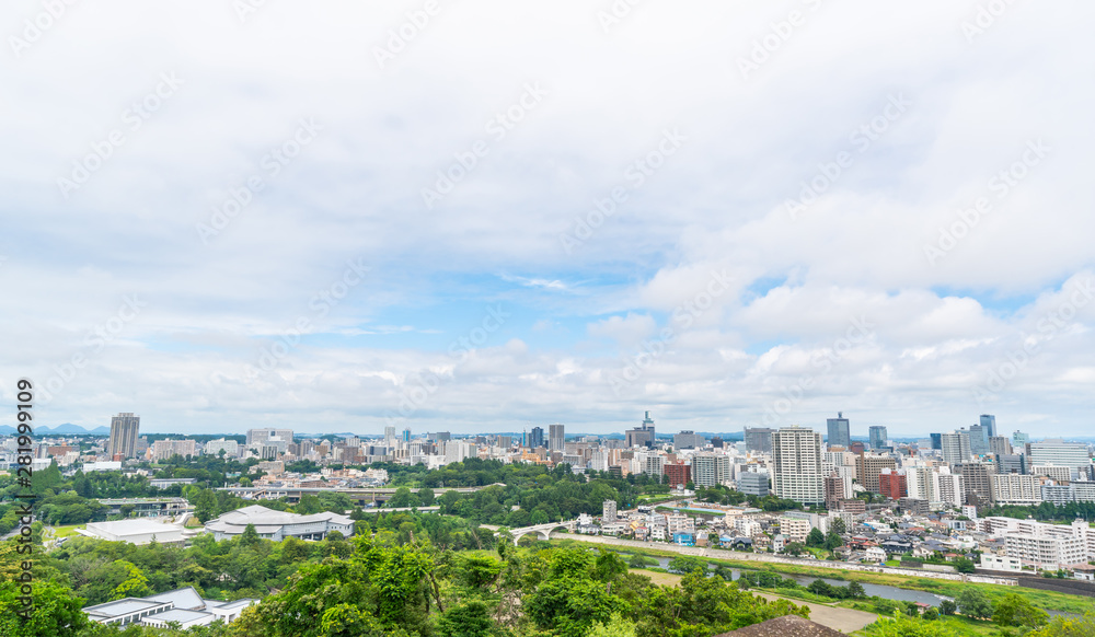 city skyline aerial view of Sendai in Japan