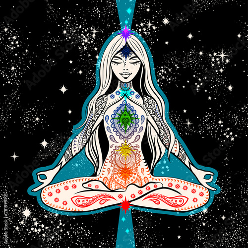 Vector girl seating in meditation with chakras. Design for yoga mat, tshirt