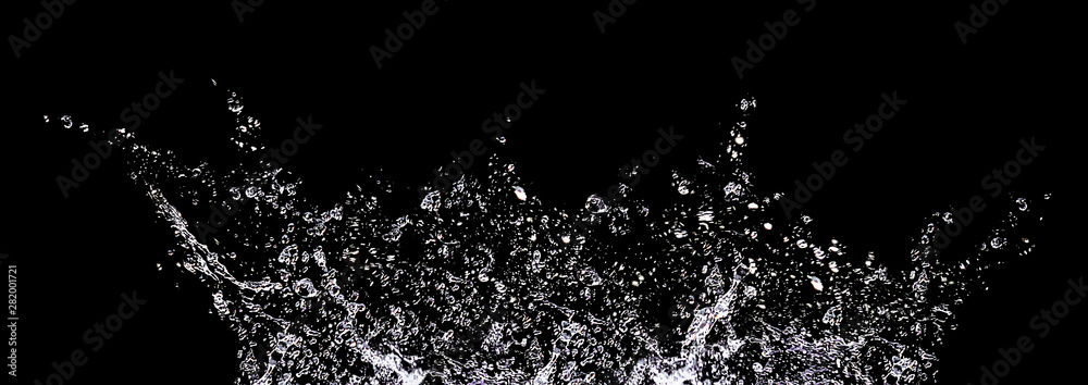 Splashes and drops of water on a black background. Abstract or background image, selective focus. Banner - obrazy, fototapety, plakaty 