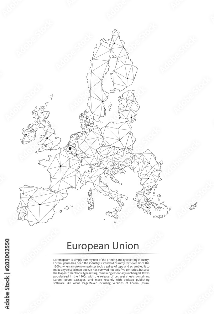 European Union communication network map. Vector low poly image of a global map with lights in the form of cities population density consisting of points and shapes and space. Easy to edit