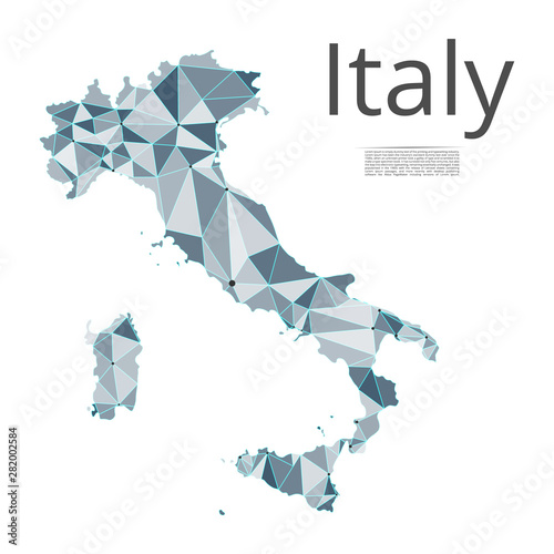 Italian Republic communication network map. Vector low poly image of a global map with lights in the form of cities in Italy population density consisting of points and shapes. Easy to edit