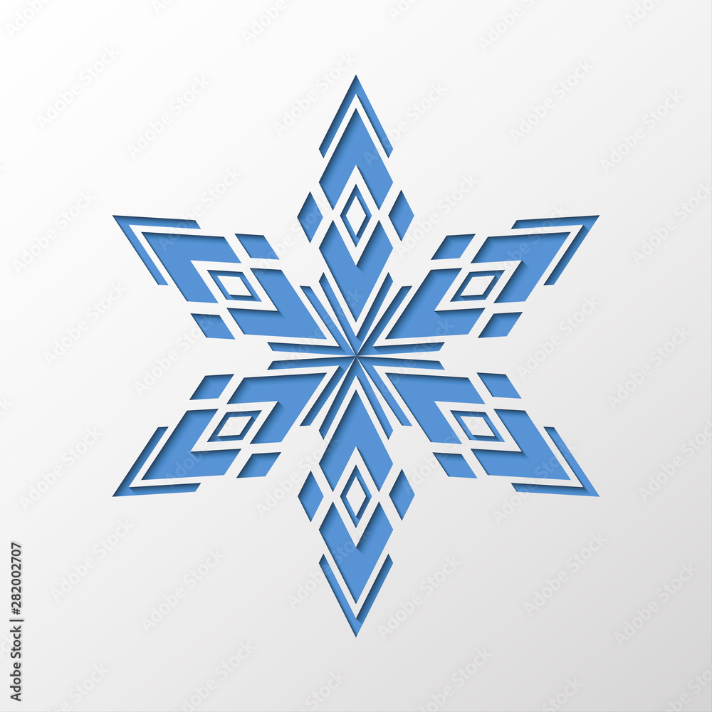 Simple geometric snowflake cut on paper with shadow effect.