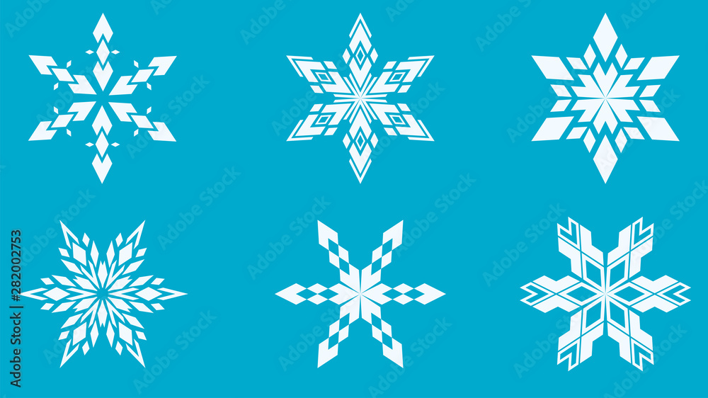 Collection of white snowflakes of simple geometric shape on blue background. Collection of white snowflakes of simple geometric shape on blue background.