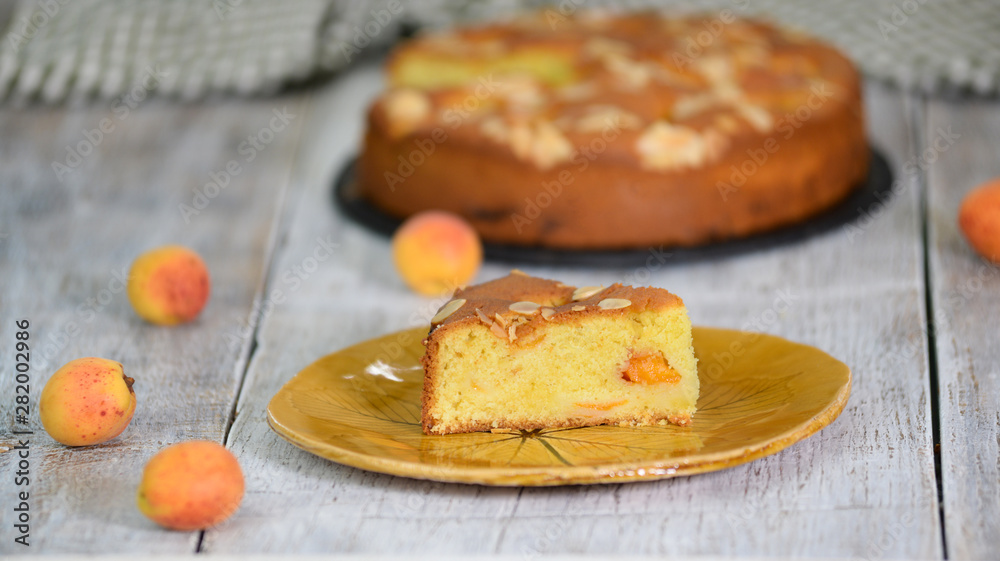 Baked piece of biscuit pie with apricots on a plate, sponge cake Baked piece of biscuit pie with apricots on a plate, sponge cake