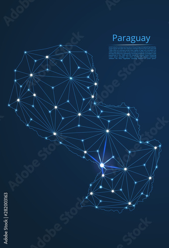 Paraguay communication network map. Vector low poly image of a global map with lights in the form of cities in or population density consisting of points and shapes in the form of stars and space. photo