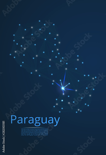 Paraguay communication network map. Vector low poly image of a global map with lights in the form of cities in or population density consisting of points and shapes in the form of stars and space.