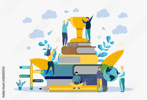 The concept of a successful education. Victory, number one, competition, knowledge, skills. Colorful vector illustration. The metaphor of the best education online