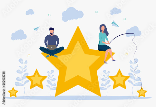 The customer gives five stars. Scrolling user reviews. Colorful vector illustration of modern character design. For landing page, flyer, banner, poster, web page.