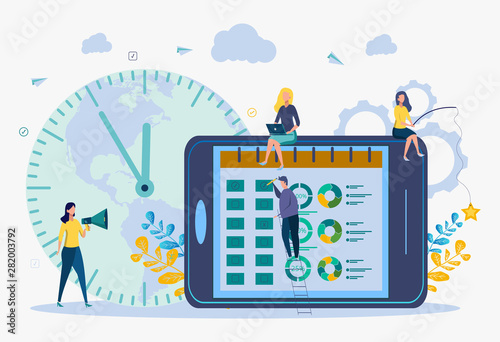 Colorful vector illustration people make online graph in tablet. Planning business task schedules for the week. Work plan. Profit growth plan. Special date. Main day