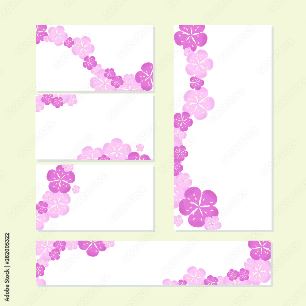 Floral spring template set with cute bunches of pink sakura flowers on white. For romantic design, announcements, greeting cards, posters, advertisement, gardening stock vector illustration for web, f Floral spring template set with cute bunches of pink sakura flowers on white. For romantic design, announcements, greeting cards, posters, advertisement, gardening stock vector illustration for web, f