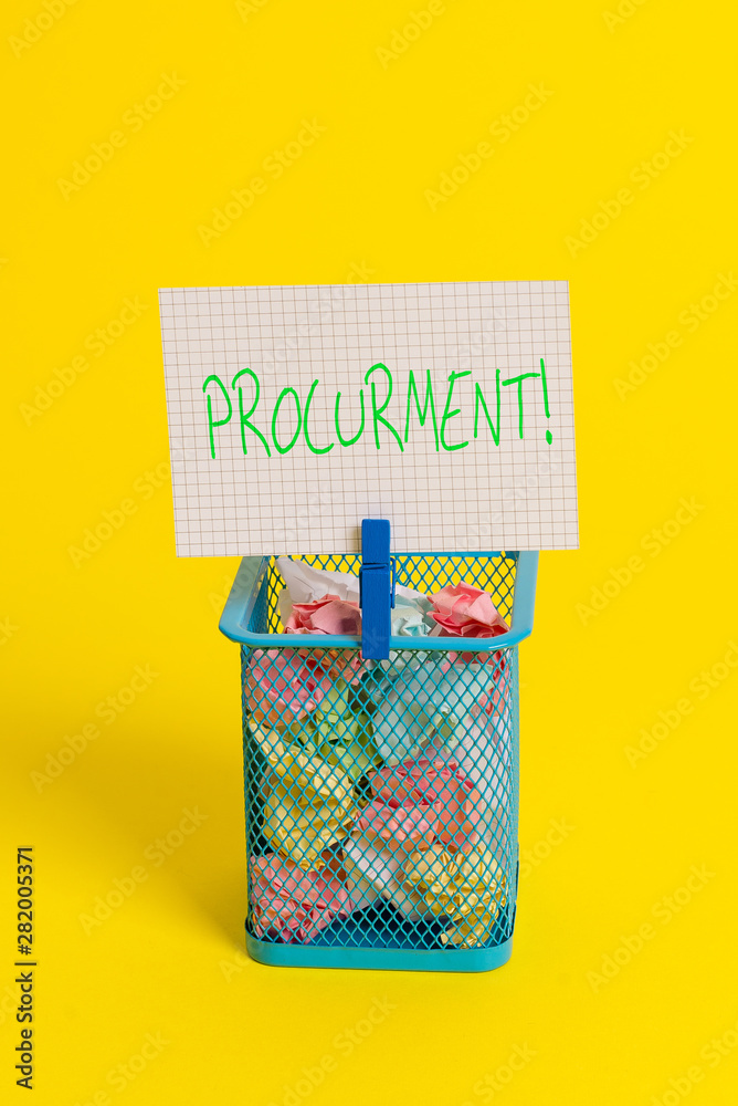 Obraz premium Text sign showing Procurment. Business photo showcasing action of acquiring military equipment and supplies Trash bin crumpled paper clothespin empty reminder office supplies yellow