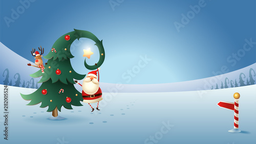 Santa Claus and Reindeer with Christmas tree on winter landscape at night