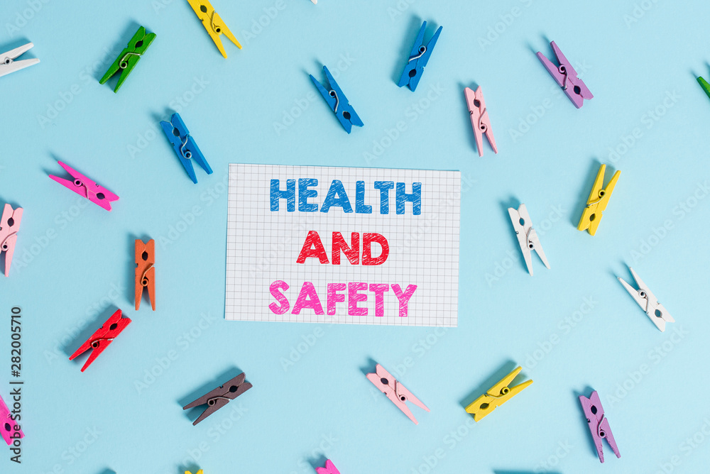 Handwriting text writing Health And Safety question. Conceptual photo regulations and procedures intended to prevent accident Colored clothespin rectangle shaped reminder paper light blue background Handwriting text writing Health And Safety question. Conceptual photo regulations and procedures intended to prevent accident Colored clothespin rectangle shaped reminder paper light blue background