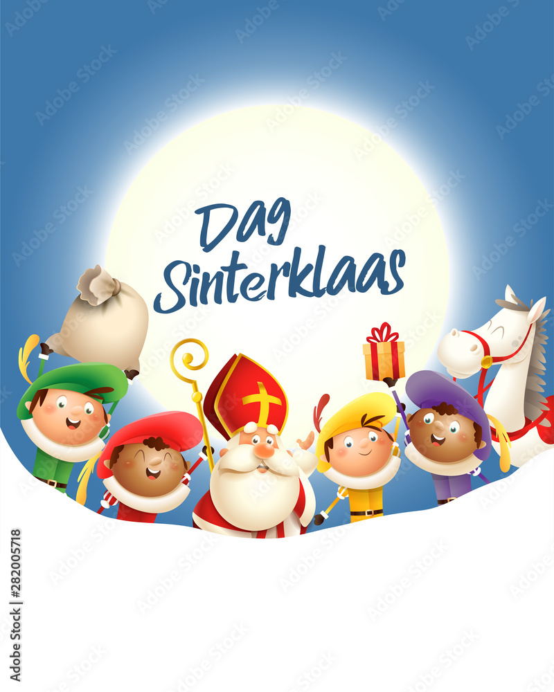 Fototapeta premium Saint Nicholas and his friends celebrate holiday in front of moon - text Dag Sinterklaas - blue background with copy space