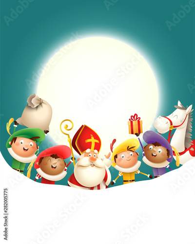 Saint Nicholas Sinterklaas and his friends Zwarte Piets celebrate holiday in front of moon - turquoise background with copy space