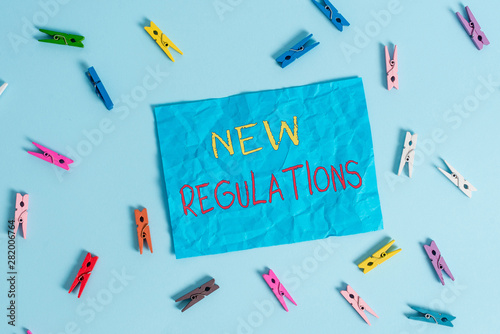 Word writing text New Regulations question. Business photo showcasing rules made government order to control way something is done Colored clothespin rectangle shaped reminder paper light blue