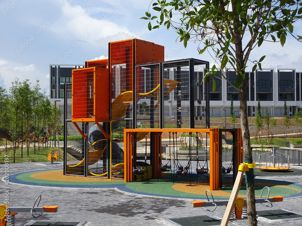 Public children playground with its component. Design with considering safety feature for kids. Public children playground with its component. Design with considering safety feature for kids.