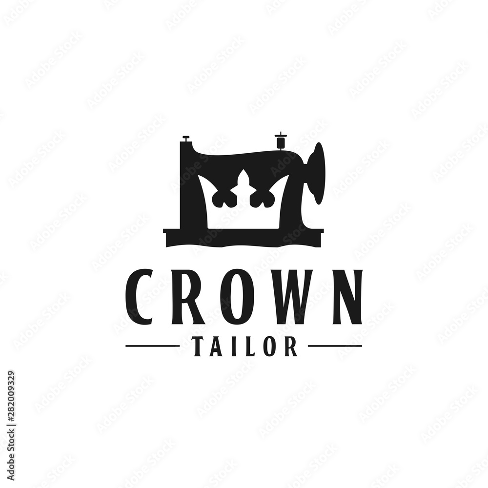 Crown icon with Sewing Machine for Vintage Tailor Logo design