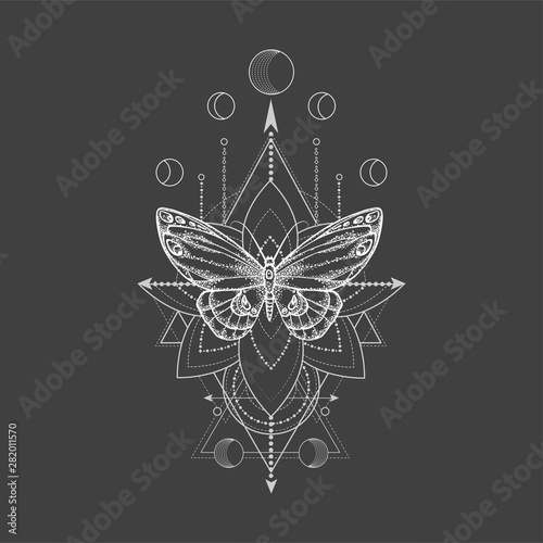 Vector illustration with hand drawn butterfly and Sacred geometric symbol on black background. Abstract mystic sign.