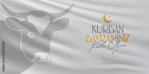 Feast of the Sacrifice Greeting (Eid al-Adha Mubarak) (Turkish: Kurban Bayraminiz Kutlu Olsun) Holy days of muslim community. Billboard, Poster, Social Media, Greeting Card template.
