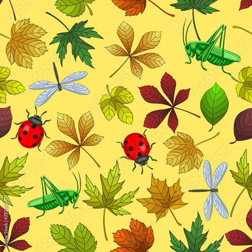 Seamless pattern - leaves and insects on a yellow background © alexandralarina