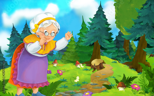 Cartoon scene on a happy woman walking through the forest - illustration for children