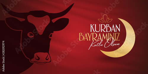 Feast of the Sacrifice Greeting (Eid al-Adha Mubarak) (Turkish: Kurban Bayraminiz Kutlu Olsun) Holy days of muslim community. Billboard, Poster, Social Media, Greeting Card template.