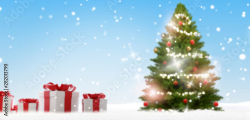 christmas tree and christmas presents in the snow 3d-illustration