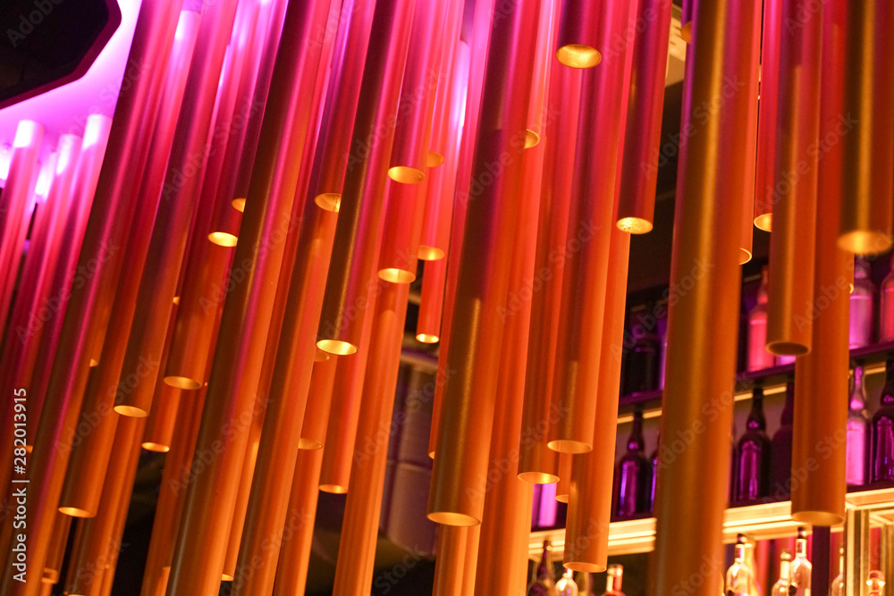 Abstract installation of plastic tubes in the interior. Unusual chandelier. Abstract installation of plastic tubes in the interior. Unusual chandelier.