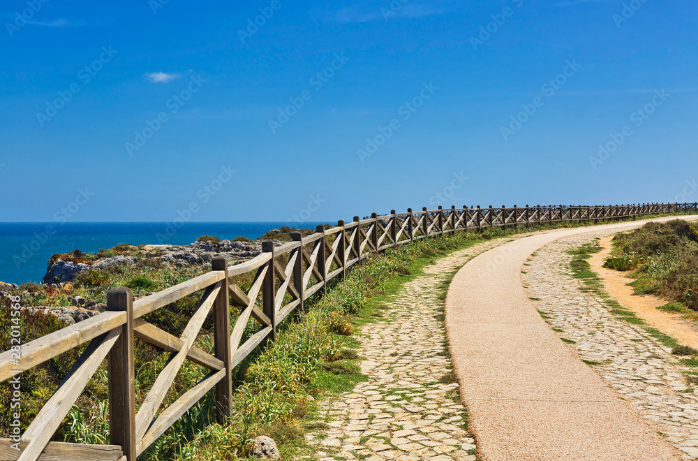 coast of Sagres with hiking trail and wooden balustrade, Algarve, Portugal, Europe