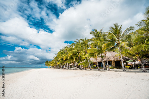 Palms on sandy beach, ocean and cloudy sky © valeragf
