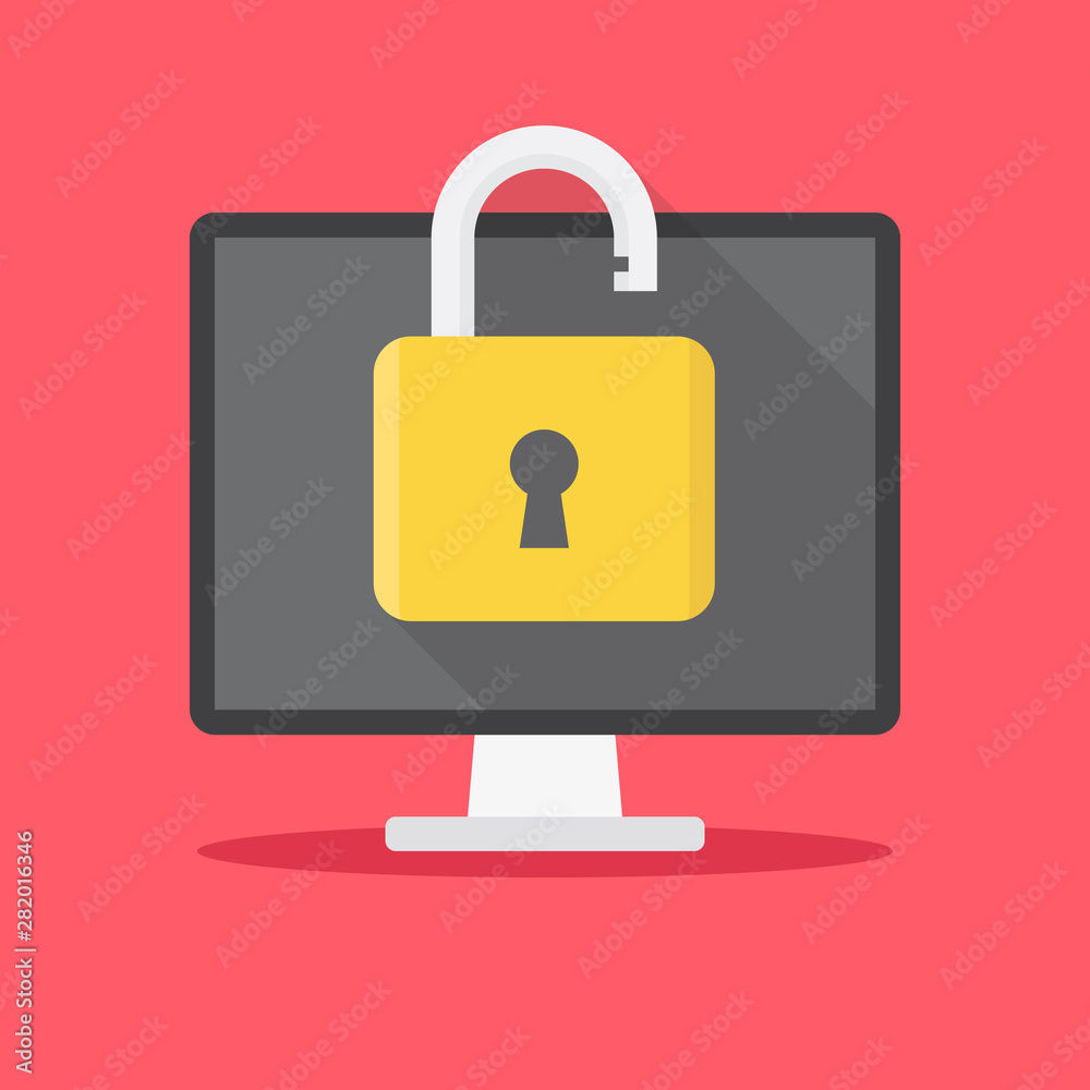 Unlock computer, computer and padlock with a red background flat design vector illustration Unlock computer, computer and padlock with a red background flat design vector illustration