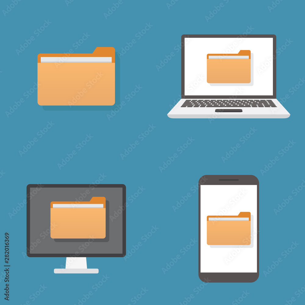 Folder files on a computer, smart phone, laptop with a blue background flat design vector illustration