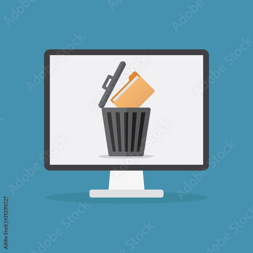 Delete folder files on a computer with a blue background flat design vector illustration