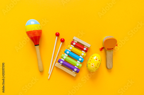 toys musical instruments to play with the child. Flat lay. Copy space