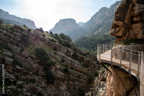 A small part of the El Caminito del Rey in Malaga, Spain is a walkway pinned along the steep walls of a narrow gorge in El Chorro