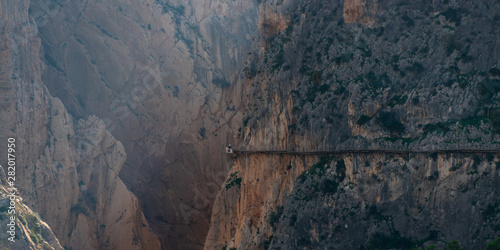 A small part of the El Caminito del Rey in Malaga, Spain is a walkway pinned along the steep walls of a narrow gorge in El Chorro