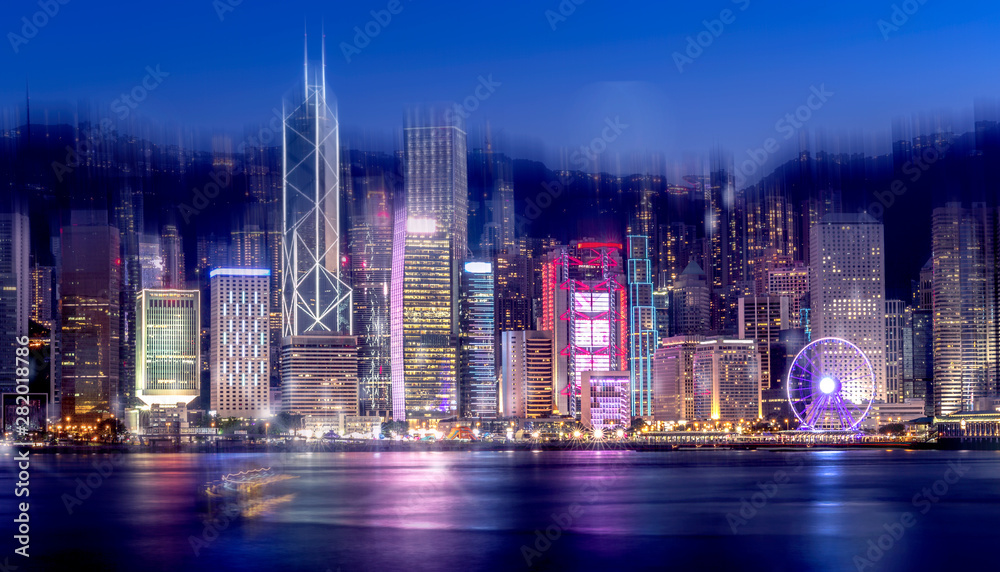 Obraz premium Abstract bokeh light with Hong Kong City night view background; Double Exposure