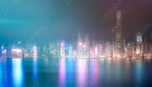 Abstract bokeh light with Hong Kong City night view background; Double Exposure