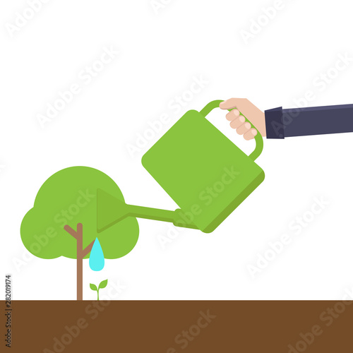 Green environment concept, watering plant and tree, flat design vector illustration