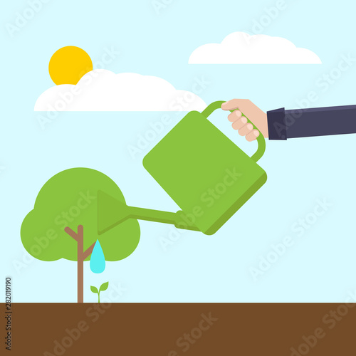 Green environment concept, watering plant and tree, flat design vector illustration