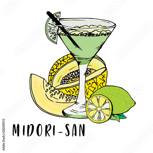 Doodle melon cut yellow outline drawn Midori liqueur and near lemon on white background