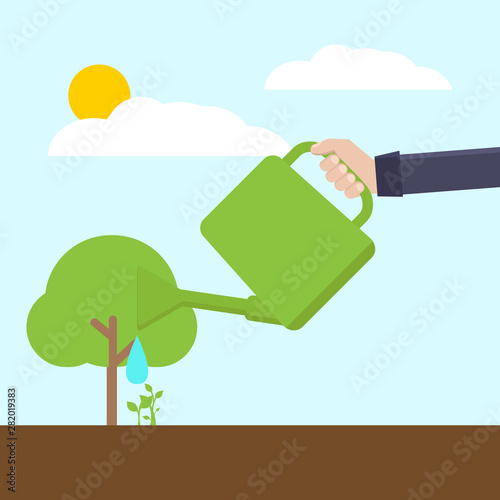 Green environment concept, watering plant and tree, flat design vector illustration