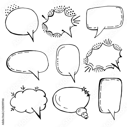 A set of empty comic speech bubbles of different shapes drawn by hand. Comic sound effects in pop art style. Vector illustration