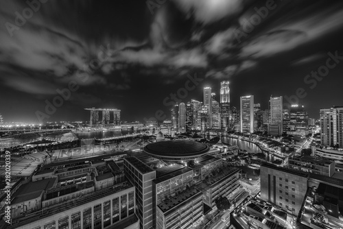 Black and white image of Singapore cityscape at night