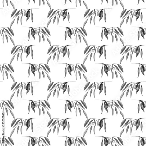 Watercolor monochrome olive branch seamless pattern on white background.