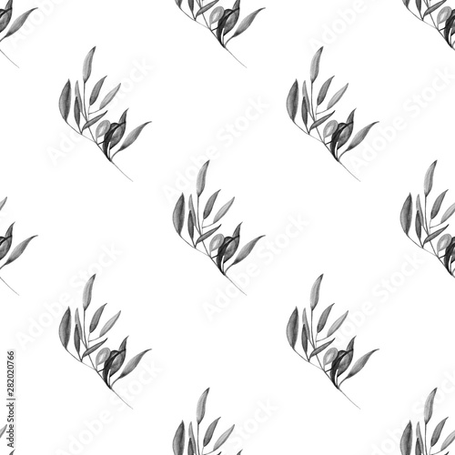 Watercolor monochrome olive branch seamless pattern on white background.