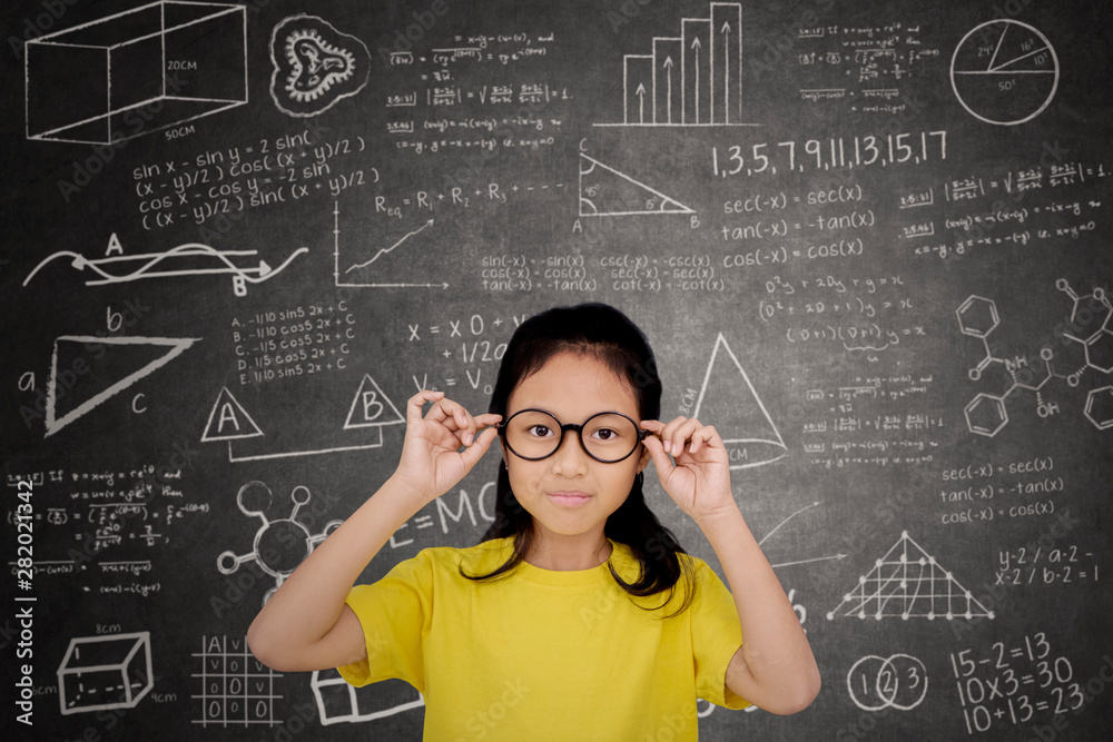 Female student standing with mathematics formula Female student standing with mathematics formula
